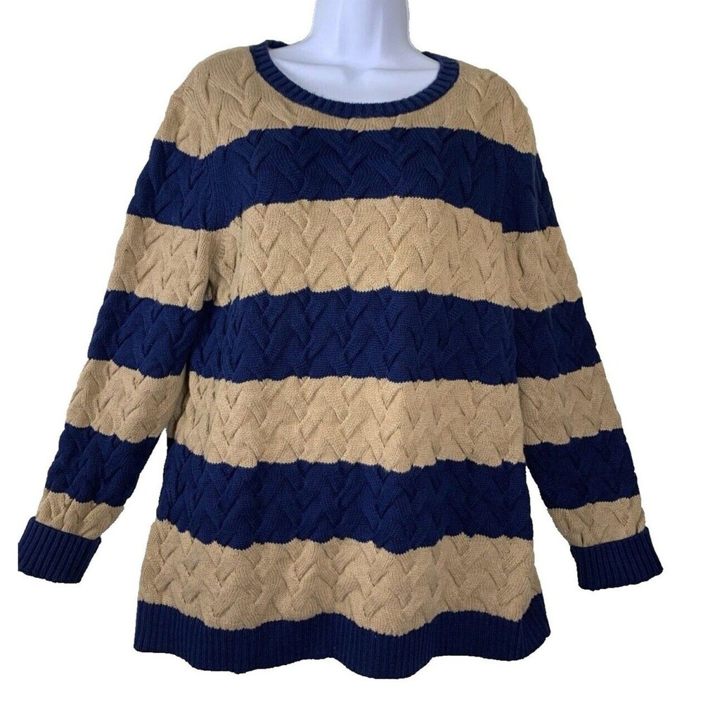 Lands’ End Cable Knit Blue Brown Stripe Crew Neck Fisherman Sweater Women's L